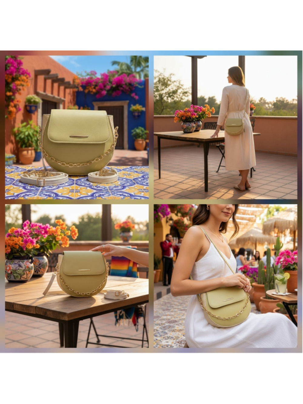 2 Straps Soft Yellow Ivory Embossed Tooled Artisan LEATHER Crossbody Purse Bag - Picture 16 of 16